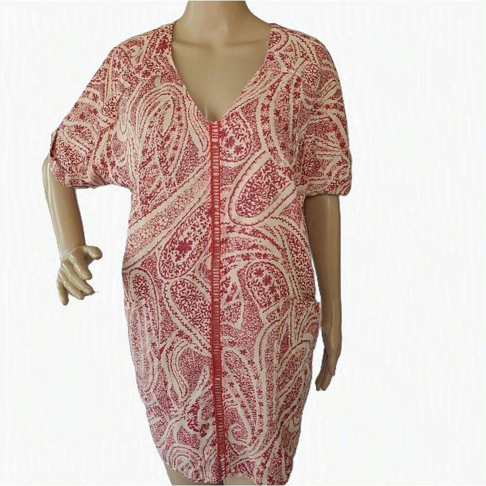 April May 100% Cotton Paisley V-Neck Tunic Dress - Red/White - Small